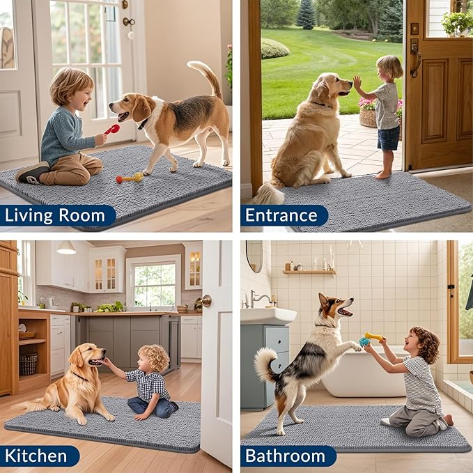 Smiry Dog Door Mat for Muddy Paws 70x24, Absorbs Moisture and Dirt Doormat, Non-Slip Washable Quick Dry Chenille Front Door Mat Indoor Entrance, Entryway Carpet for Inside Floor, Grey