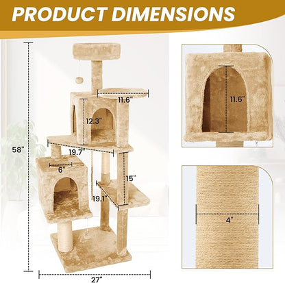 59in Large Cat Tree Tower for Indoor Cats with Soft Plush Hang Ball, Two Condos, Sisal Scratch Posts &amp; Rope Play for Kittens/Adult Cats, New Beige