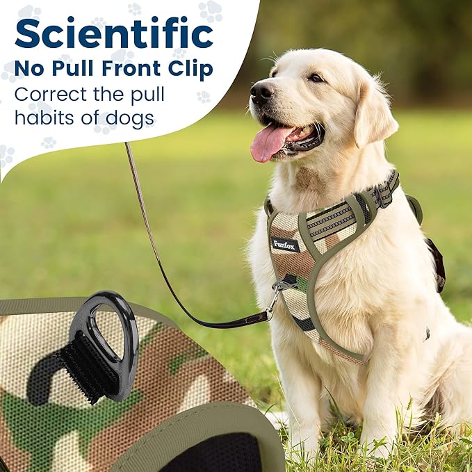 Funfox Dog Harness No Pull, Adjustable Pet Vest Harness, Super Soft Material with Vertical Handle Easy Control, Reflective Night Walking, 2 Leash Clips for Small Sized Dogs, Camo Green, S