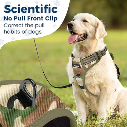 Funfox Dog Harness No Pull, Adjustable Pet Vest Harness, Super Soft Material with Vertical Handle Easy Control, Reflective Night Walking, 2 Leash Clips for XLarge Dogs, Camo Green, XL