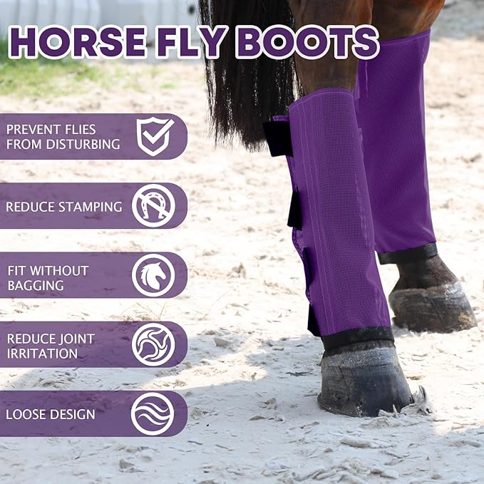Premium 4-Pack Horse Fly Boots &amp; Leggings Loose-Fit Fine Mesh with Stay-On Fasteners, Support Strips &amp; Anti-Stomp Design Breathable Non-Slip Protection Leg Wrap (Large) Lavender Purple