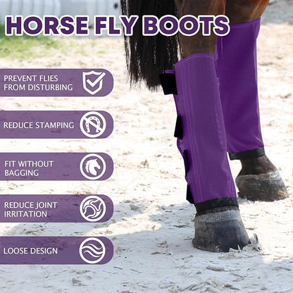 Premium 4-Pack Horse Fly Boots &amp; Leggings Loose-Fit Fine Mesh with Stay-On Fasteners, Support Strips &amp; Anti-Stomp Design Breathable Non-Slip Protection Leg Wrap (Large) Lavender Purple