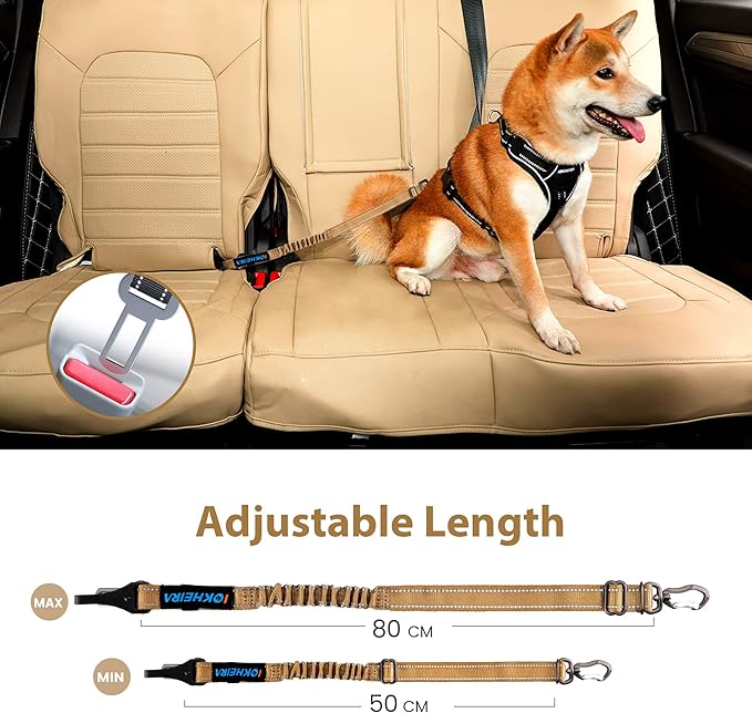 IOKHEIRA Dog Seatbelt, Universal Reflective Bungee Dog Car Harness with Hook Latch &amp; Seatbelt Buckle, Swivel Aluminum Carabiner, Green