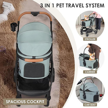 T6 Luxury Pet Stroller for Medium Dogs Up to 66lbs or 2 Small Pets – 3-in-1 Dog &amp; Cat Stroller with Removable Carrier, Foldable &amp; Lightweight (Green)