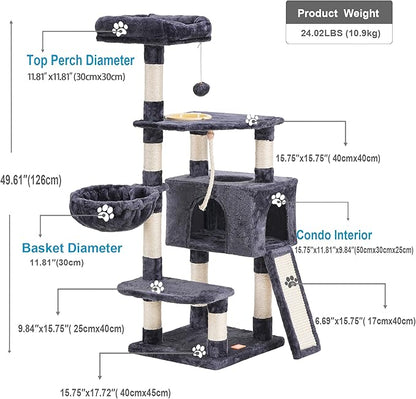 Heybly Cat Tree, Cat Tower for Indoor Cats with Scratching Board, Multi-Level Cat Furniture Condo with Feeding Bowl, Smoky Gray HCT010G