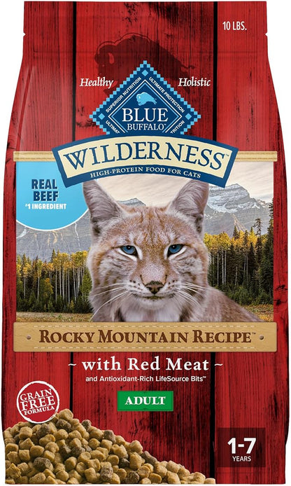 Blue Buffalo Wilderness Adult Dry Cat Food, Rocky Mountain Recipe, Chicken-Free &amp; Grain-Free Recipe Made with Natural Ingredients, Red Meat, 10-lb Bag