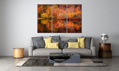 Nature Wall Art Prints - Ocean Forest Mountain Lake Canvas Landscapes - Small to Extra Large Living Room Bedroom Kitchen Bathroom Décor (Autumn Forest with Lake, 35L" x 53W" - 3 Panels)