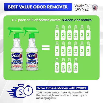 ZORBX Unscented Odor Eliminator for Strong Odor 16 oz - Pack of 2 - Used in Hospitals &amp; Healthcare Facilities - Advanced Trusted Formula, Fast-Acting Odor Remover Spray for Dog, Cat, House &amp; Carpet