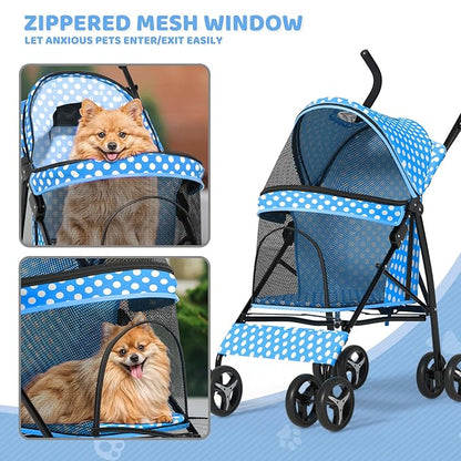 Magshion Compact Pet Stroller for Small-Medium Dogs/Cats up to 22lbs, 4-Wheel Lightweight Umbrella Shaped Portable Puppy Travel Jogger with Breathable Mesh &amp; Rear Storage, Sky Blue Polka Dots