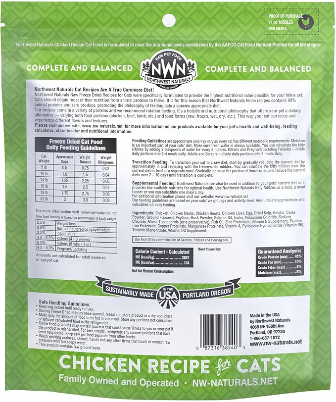 Northwest Naturals Freeze-Dried Chicken Cat &amp; Kitten Food – Bite-Sized Nibbles – Healthy, Limited, Human-Grade Ingredients, All-Natural, High-Protein Raw Diet – Complete &amp; Balanced, Made in USA, 11 oz