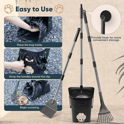 Stainless Steel Dog Pooper Scooper,40" Long Handle Swivel Bin, Rake and Spade,20 Waste Bags &amp; Hook - Heavy Duty Portable Metal Poop Scooper for Large,Medium and Small Dogs