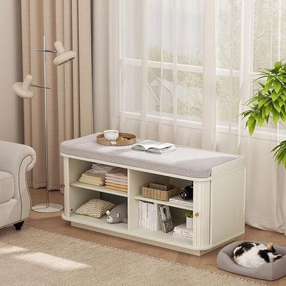 Cream White 39.4" W 2-Tier Shoe Bench with Storage | Entryway Bench with Padded Cushion, Sliding Doors &amp; 5 Hooks