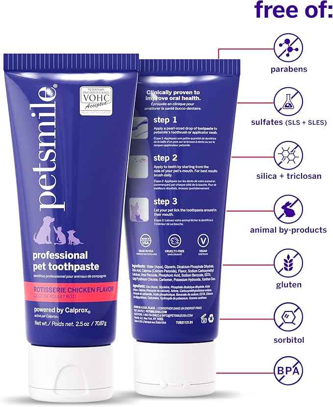 Petsmile Professional Pet Toothpaste for Cats &amp; Dogs - Only VOHC Accepted Toothpaste - Clinically Proven to Control Plaque &amp; Tartar Calprox Formula (Rotisserie Chicken, 2.5 Oz)