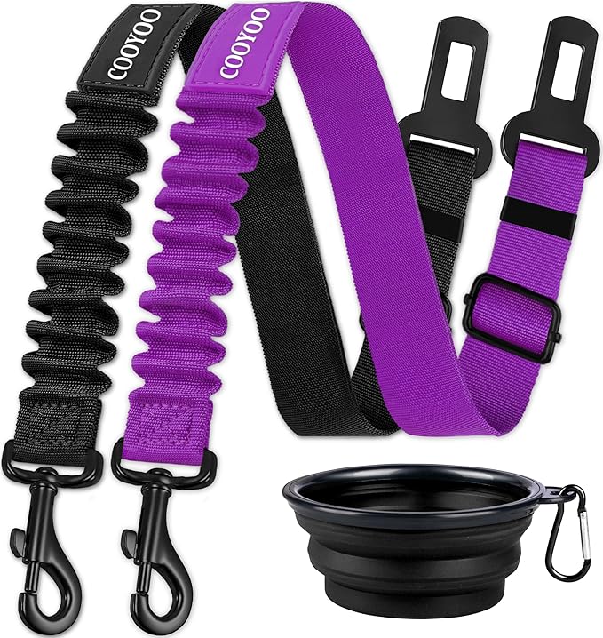 COOYOO Dog Seat Belt,3 Piece Set Retractable Dog Car Harness Adjustable for Vehicle Nylon Pet Safety Heavy Duty &amp; Elastic