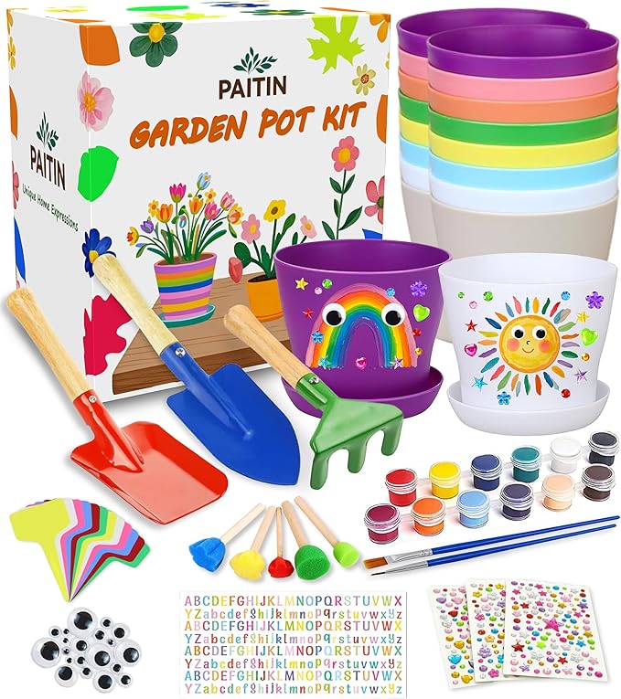 PAITIN Paint &amp; Plant Garden Pot Craft Kit - 4 Inch Plant Pots, Kids Gardening Tools, Labels, Paints, Brushes, Gem &amp; Eye Stickers - Perfect Spring Crafts Gifts for Women &amp; Kids