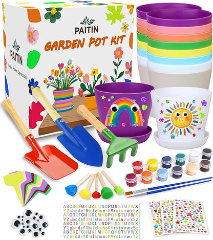 PAITIN Paint &amp; Plant Garden Pot Craft Kit - 4 Inch Plant Pots, Kids Gardening Tools, Labels, Paints, Brushes, Gem &amp; Eye Stickers - Perfect Spring Crafts Gifts for Women &amp; Kids