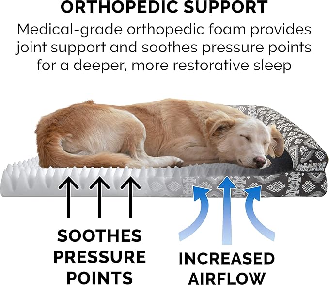 Furhaven Orthopedic Dog Bed for Large Dogs w/ Removable Bolsters &amp; Washable Cover, For Dogs Up to 95 lbs - Plush &amp; Southwest Kilim Woven Decor Sofa - Black Medallion, Jumbo/XL