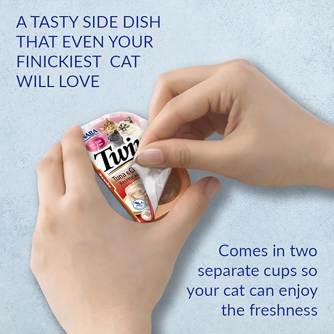 INABA Twins for Cats, Side Dish/Topper Cups, 1.23 Ounces per Serving, 16 Servings, Tuna &amp; Chicken with Salmon Recipe