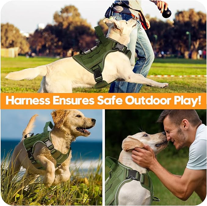 Heavy-Duty Tactical Dog Harness for Large Dogs, No Pull Adjustable Reflective Pet Vest with Molle System, K9 Military-Grade Control for Service Training, Outdoor &amp; 10+ Breeds, Green, Medium