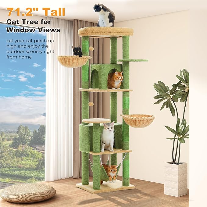 71.2" Large Cat Tree for Multi-Cat Households - 9-Level Cat Tower w/5 Sisal Scratching Posts, 2 Condos, Soft Hammock, Top Perch &amp; Pom Poms - Heavy-Duty Space-Saving Design, Cactus Green