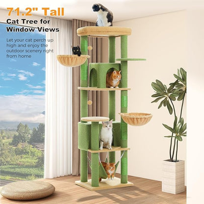 71.2" Large Cat Tree for Multi-Cat Households - 9-Level Cat Tower w/5 Sisal Scratching Posts, 2 Condos, Soft Hammock, Top Perch &amp; Pom Poms - Heavy-Duty Space-Saving Design, Cactus Green