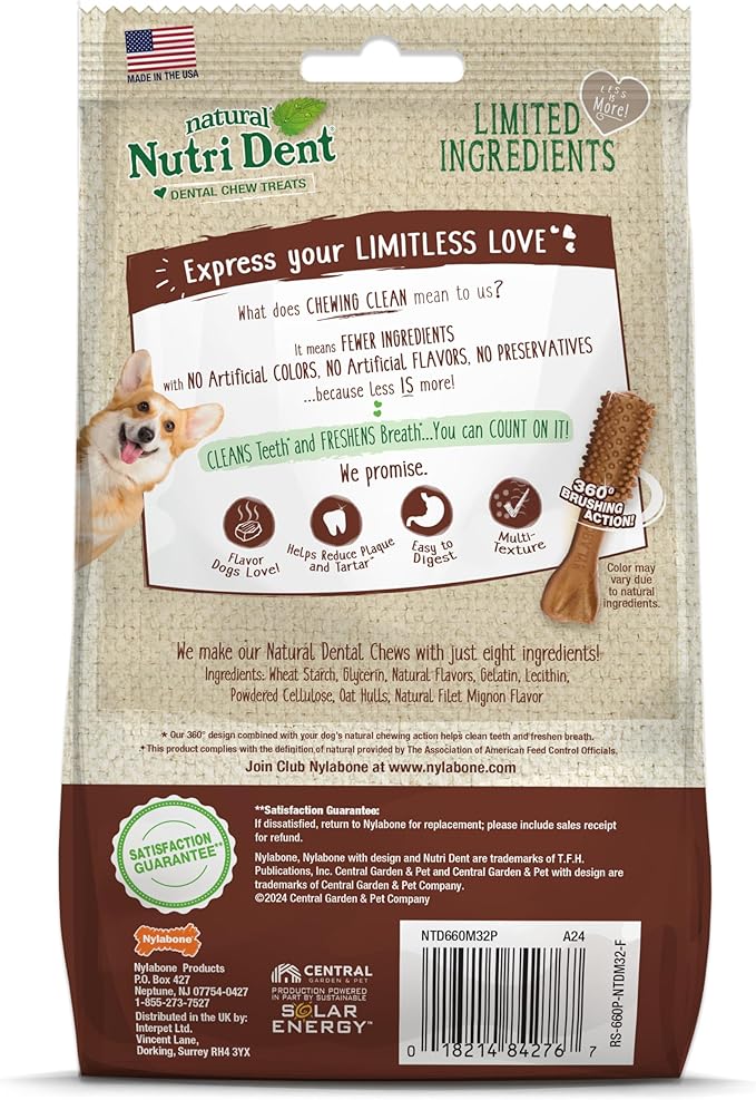 Nylabone Nutri Dent Dog Dental Chews - Natural Dog Teeth Cleaning &amp; Breath Freshener - Dental Treats for Dogs - Filet Mignon Flavor, Mini (32 Count)