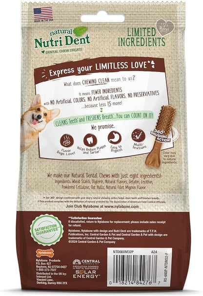 Nylabone Nutri Dent Dog Dental Chews - Natural Dog Teeth Cleaning &amp; Breath Freshener - Dental Treats for Dogs - Filet Mignon Flavor, Mini (32 Count) (Pack of 2)