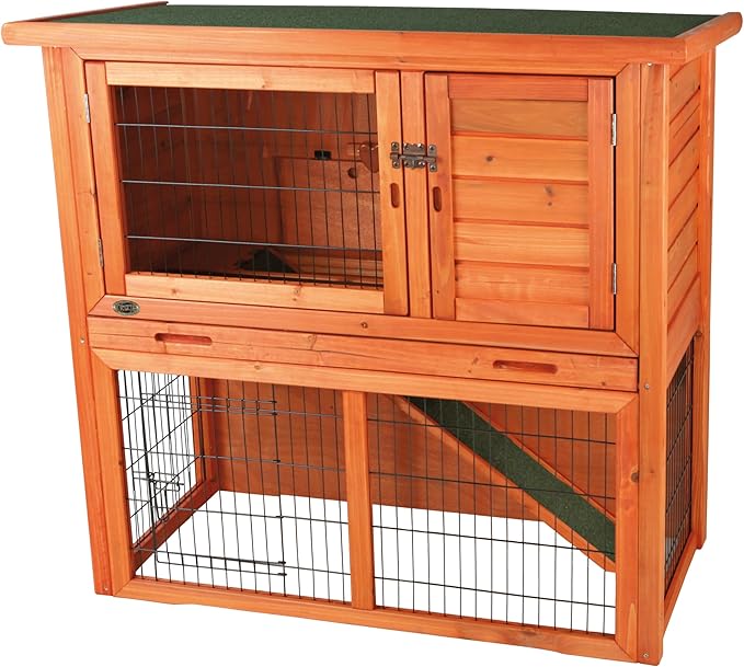 TRIXIE natura Outdoor Rabbit Hutch with Run - 2-Story Rabbit Cage with Non-Slip Ramp - Medium Elevated Small Animal House with Secure Playpen, Hinged Roof &amp; Pull-Out Tray - in Brown