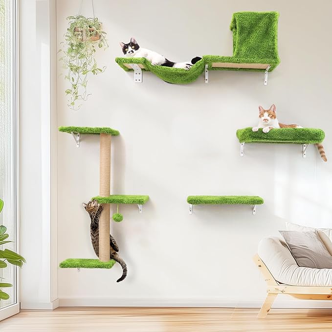 FUKUMARU Cat Wall Shelves, Stable &amp; Safe 4 in 1 Cat Furniture Set, Wooden Climbing Wall with Scratching Post, Bridge and Bed, Stylish Jungle Gym for 16 Inch Drywall - Green