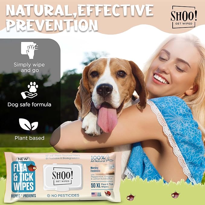 Shoo! Flea &amp; Tick Wipes for Dogs | Convenient, Easy On-The-Go Protection | Plant Based, Natural Oils, Chemical Free | Repels &amp; Prevents | 50 XL Wipes | (Morning Freshness)