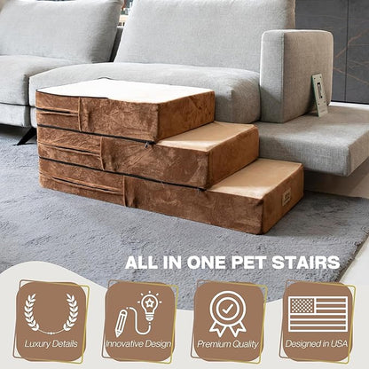 All-in-One Adjustable Dog Stairs – 5-Step Premium Pet Ramp for Small to Large Dogs – Sturdy, Non-Slip &amp; Versatile for Beds, Sofas &amp; More - Soft Cover, Modern Design (Brown)