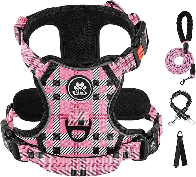 IVY&amp;LANE No Pull Dog Harness with Leash Set, Reflective No Choke Pet Vest,Adjustable Oxford Dog Vest Harness with Easy Control Handle for Large Dogs (Checkered Pink,XL)