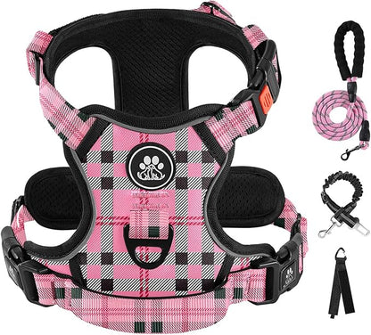 IVY&amp;LANE No Pull Dog Harness with Leash Set, Reflective No Choke Pet Vest,Adjustable Oxford Dog Vest Harness with Easy Control Handle for Large Dogs (Checkered Pink,L)