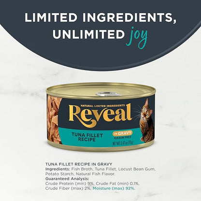 Reveal Natural Wet Cat Food, 24 Pack, Limited Ingredient, Grain Free Food for Cats, Tuna in Gravy, 2.47oz Cans