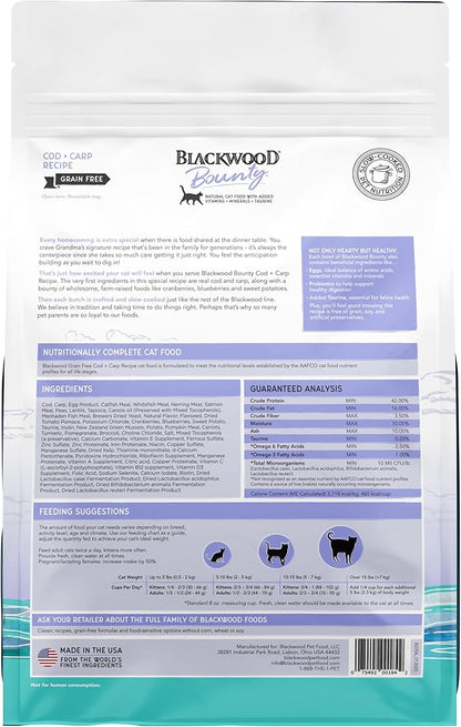 Blackwood Bounty Dry Cat Food, Cod &amp; Carp Recipe for All Life Stages, 4.5 Pound Bag, High Protein, Grain Free