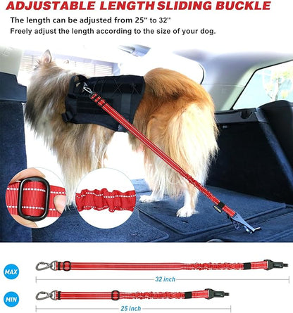 AUBELL Dog Seat Belt for Car,2 Pack Set 3-in-1 Adjustable Reflective Bungee Heavy Duty Dog Car Harness Tether with Clip Hook Latch &amp; Buckle,Swivel Zinc Alloy Carabiner,Black+Red