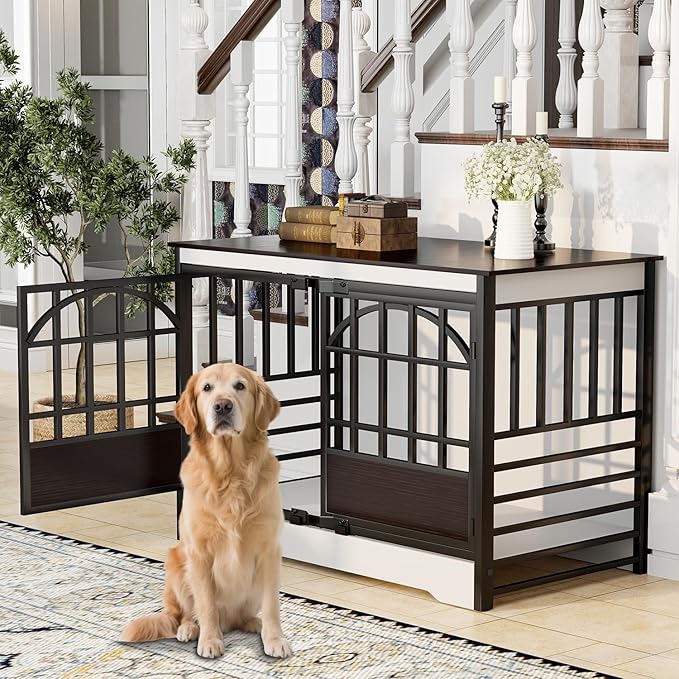 COZPAW 52 Inch Dog Crate Furniture, Extra Large Dog Kennel Indoor for XLarge Breed, Heavy Duty Dog Cage with Double Elegant Arched Doors, Decorate as TV Stand &amp; End Table - White Brown
