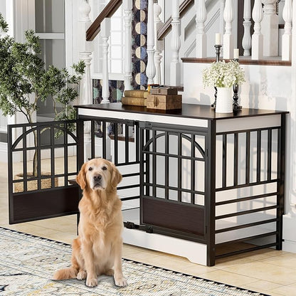 COZPAW 52 Inch Dog Crate Furniture, Extra Large Dog Kennel Indoor for XLarge Breed, Heavy Duty Dog Cage with Double Elegant Arched Doors, Decorate as TV Stand &amp; End Table - White Brown