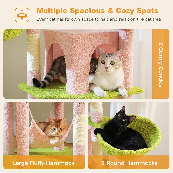 71.2" Large Cat Tree for Multi-Cat Households - Heavy-Duty 9-Level Cat Tower w/5 Sisal Scratching Posts, 2 Condos, 3 Hammocks, Extra-Large Perch &amp; Pompoms - Space-Saving, Pink