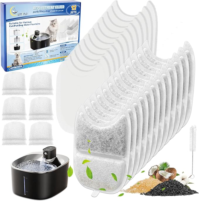 12 Set Cat Water Fountain Filter Replacements &amp; Sponges for 135 fl oz/4L Pet Fountain Drink Machine Dog Water Fountain, YPD-C004P YPD-C004S Water for Cats Drinking Fountain Pump Replacement