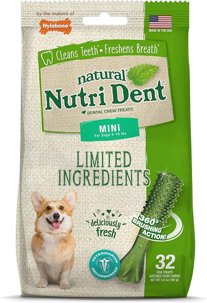 Nylabone Nutri Dent Dog Dental Chews - Natural Dog Teeth Cleaning &amp; Breath Freshener - Dental Treats for Dogs - Fresh Breath Flavor, Mini (32 Count)