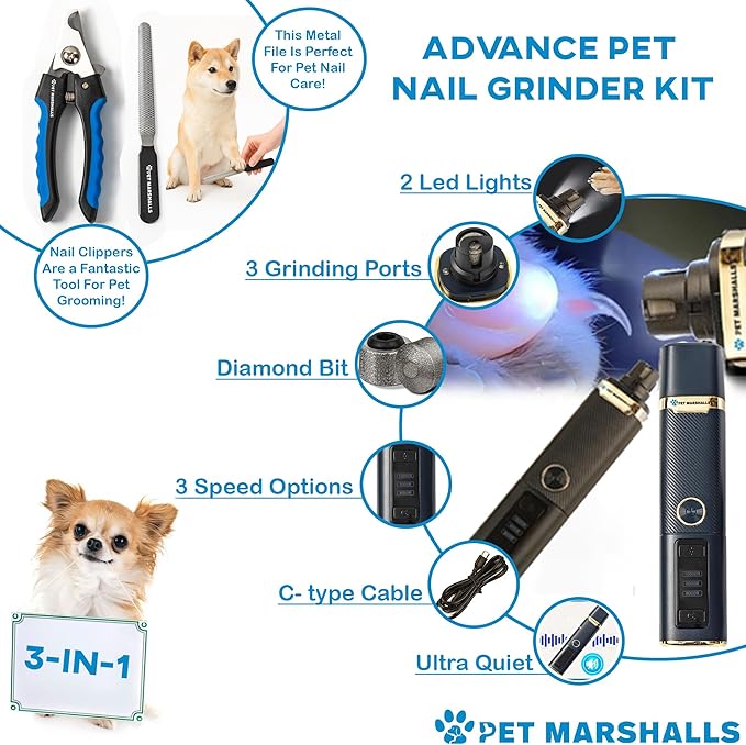 3-in-1 Cat &amp; Dog Nail Grinder with Clipper &amp; File, Quiet LED Trimmer, 3-Speed Pet Grooming Tool, Rechargeable 2000mAh Battery