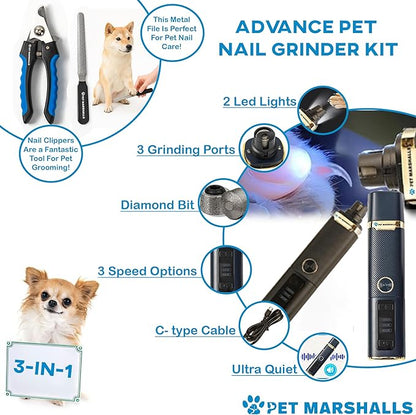 3-in-1 Cat &amp; Dog Nail Grinder with Clipper &amp; File, Quiet LED Trimmer, 3-Speed Pet Grooming Tool, Rechargeable 2000mAh Battery