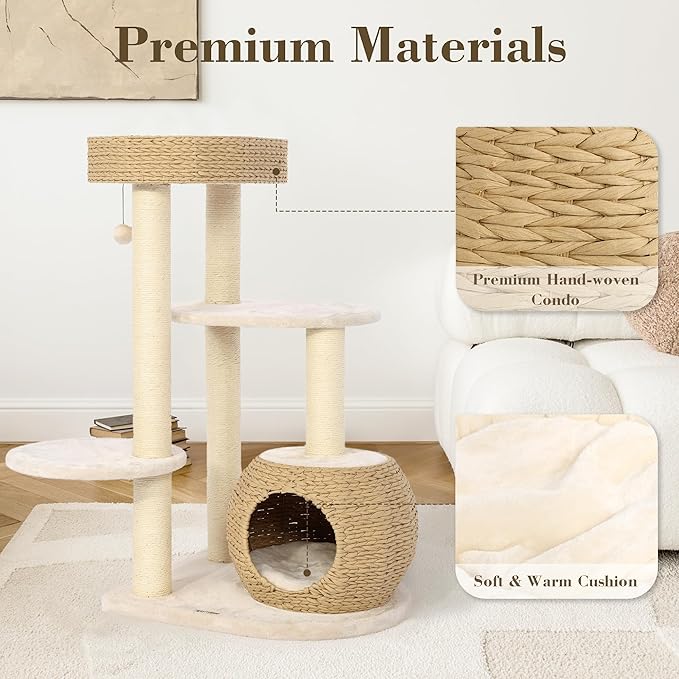 KAMABOKO Modern Cat Tree, 39" Tall Cat Trees for Kittens Climb Play &amp; Rest, Cat-Tree for Indoor Cats w/Natural Sisal Scratching Posts, Hand-Woven Condo &amp; Top Perch