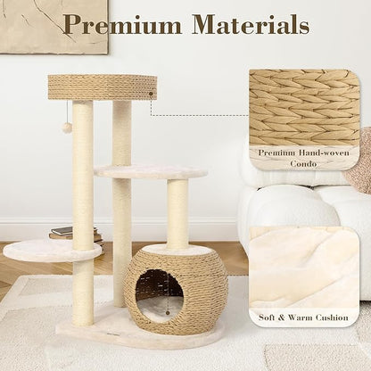 KAMABOKO Modern Cat Tree, 39" Tall Cat Trees for Kittens Climb Play &amp; Rest, Cat-Tree for Indoor Cats w/Natural Sisal Scratching Posts, Hand-Woven Condo &amp; Top Perch