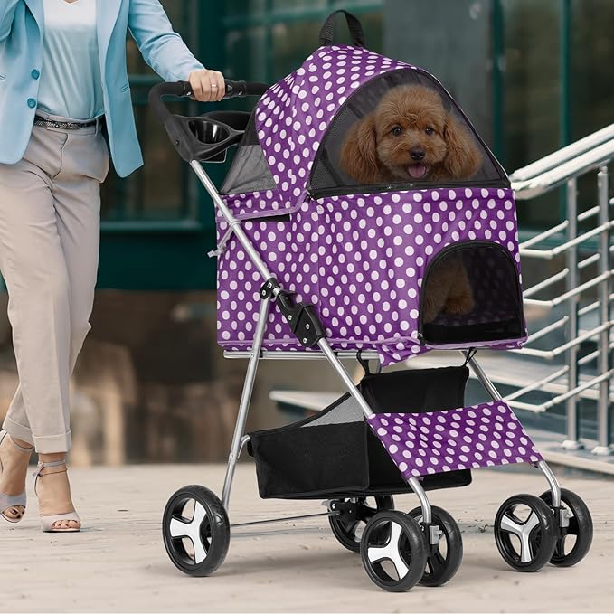 Magshion Foldable Pet Stroller, 3-in-1 Dog Travel Jogger with Detachable Carrier, Cup Holder, Storage Basket, Folding Carrier for Small/Medium Dogs &amp; Cats Up to 33 lbs, Purple Polka Dots