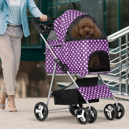 Magshion Foldable Pet Stroller, 3-in-1 Dog Travel Jogger with Detachable Carrier, Cup Holder, Storage Basket, Folding Carrier for Small/Medium Dogs &amp; Cats Up to 33 lbs, Purple Polka Dots