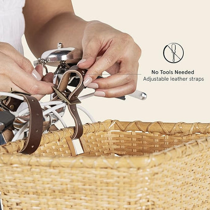 Retrospec Bicycles Cane Woven Rectangular Toto Basket with Authentic Leather Straps and Brass Buckles