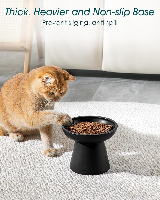 vancasso Ceramic Elevated Cat Bowls 2-Pack - 6.2" Extra Wide Raised Cat Food &amp; Water Dishes, 5.1" Optimal Height Anti-Whisker Fatigue Shallow Bowls for Cats/Kittens/Dogs, Lead &amp; Cadmium Free (Black)