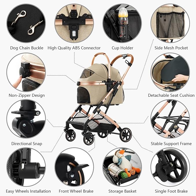 Kenyone 3-in-1 Pet Stroller for Small Medium Dogs Puppy Cat Stroller with Detachable Carrier &amp; Pad Lightweight Foldable Aluminum Alloy Frame Dual No-Zip Entry(Khaki)